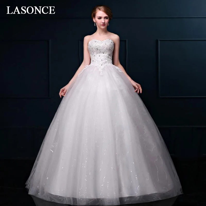 

LASONCE Crystal Strapless Off The Shoulder Sequined Ball Gown Wedding Dresses Lace Appliques Backless Bridal Gowns
