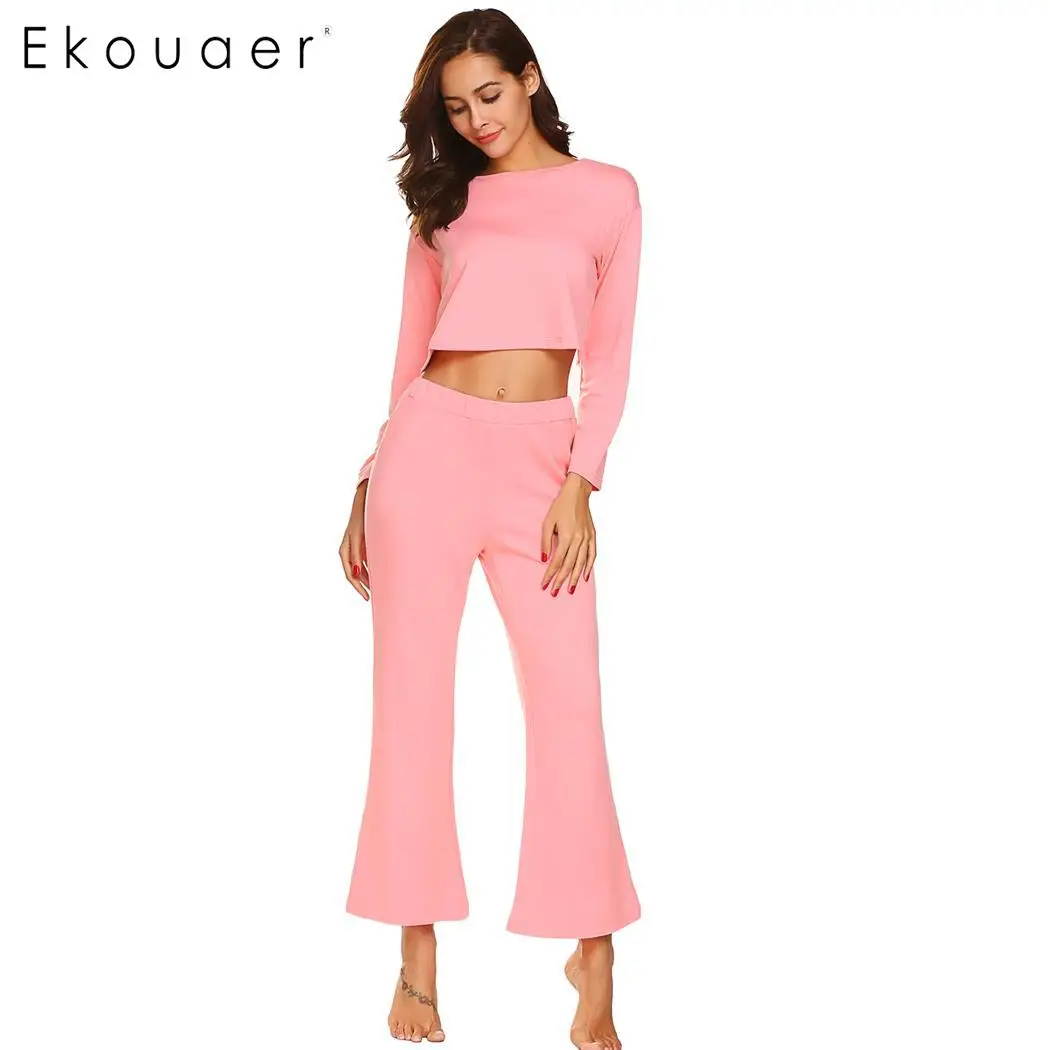 Ekouaer женский хлопковый пижамный комплект с круглым вырезом и длинным рукавом