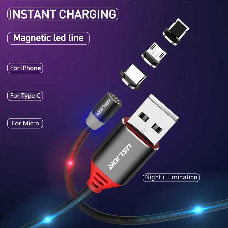 USLION 1 м светодиодный магнитный кабель Micro USB Type c зарядный 2.1A Type-c для Xiaomi Mi 9 Samsung S9