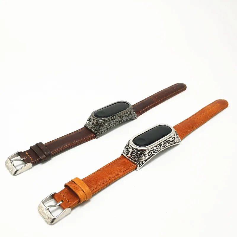 For Xiaomi Band 3 Straps Newest Retro Genuine Leather Watch Band Strap Band Replacement Wristband With Metal Case For Miband 3
