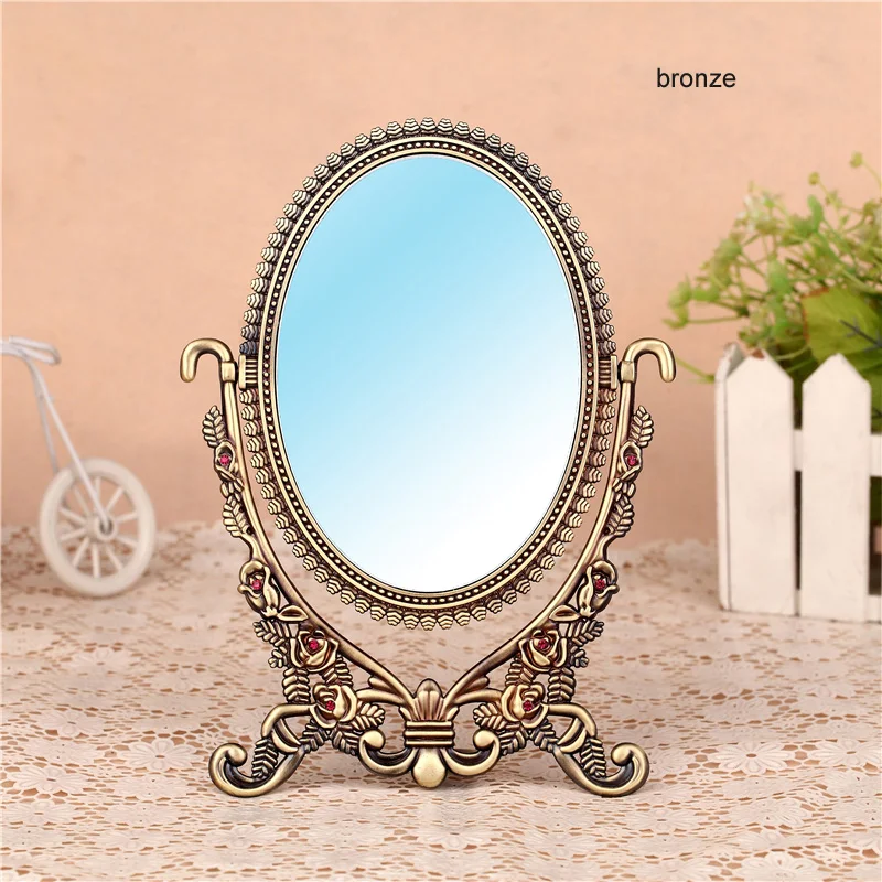 double-face retro bronze copper foldable alloy metal table makeup dresser desktop cosmetic decorative mirror embossed frame |