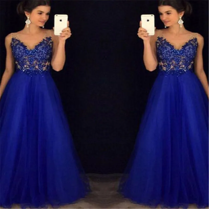 Women's Mesh Maxi Formal Wedding Evening Ball Gown Party Dress Sexy V Neck Sequined Blue Dresses | Женская одежда