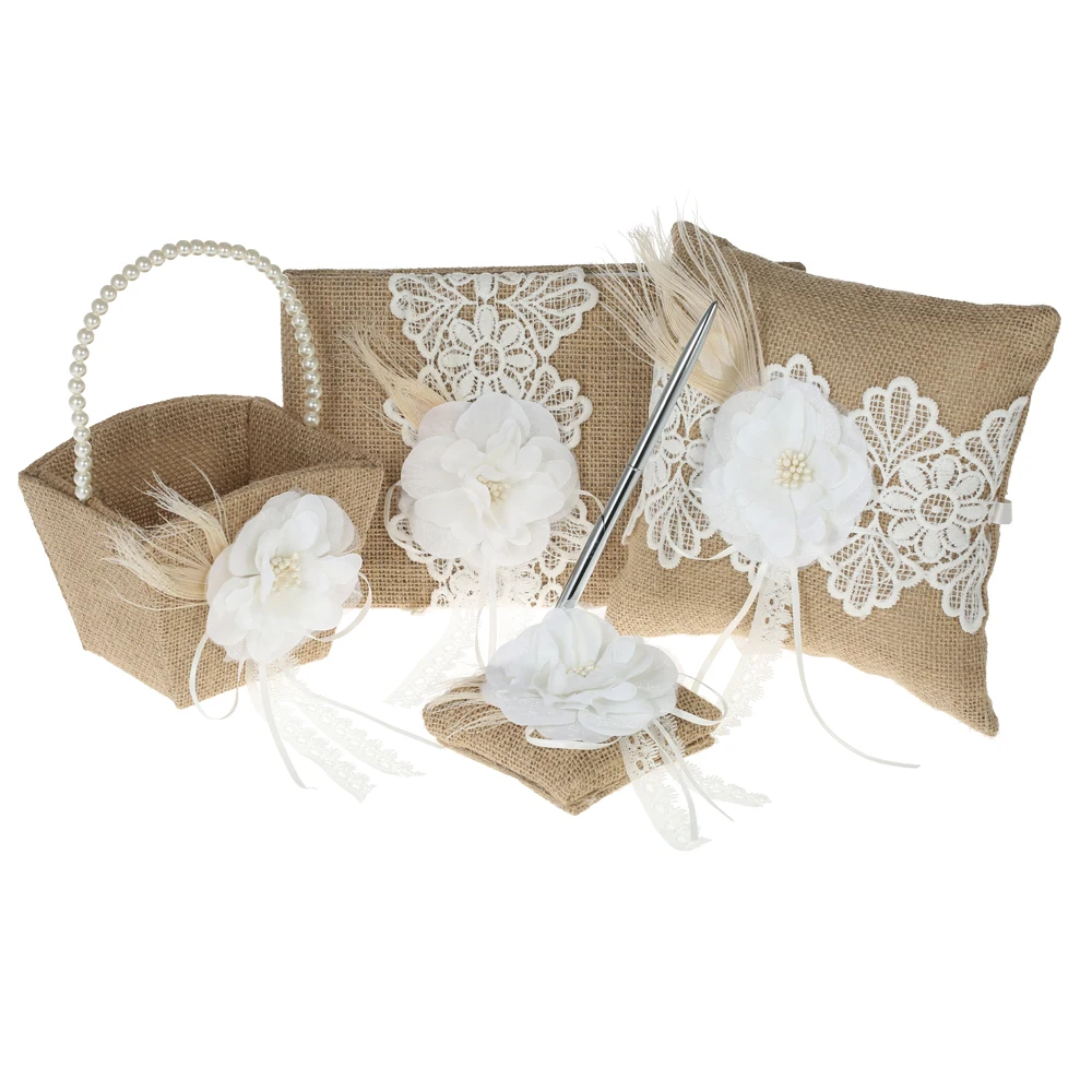 

4pcs/set Vintage Rustic Burlap Wedding Supplies Flower Girl Basket + 7*7 inches Ring Bearer Pillow + Guest Book + Pen Holder Set