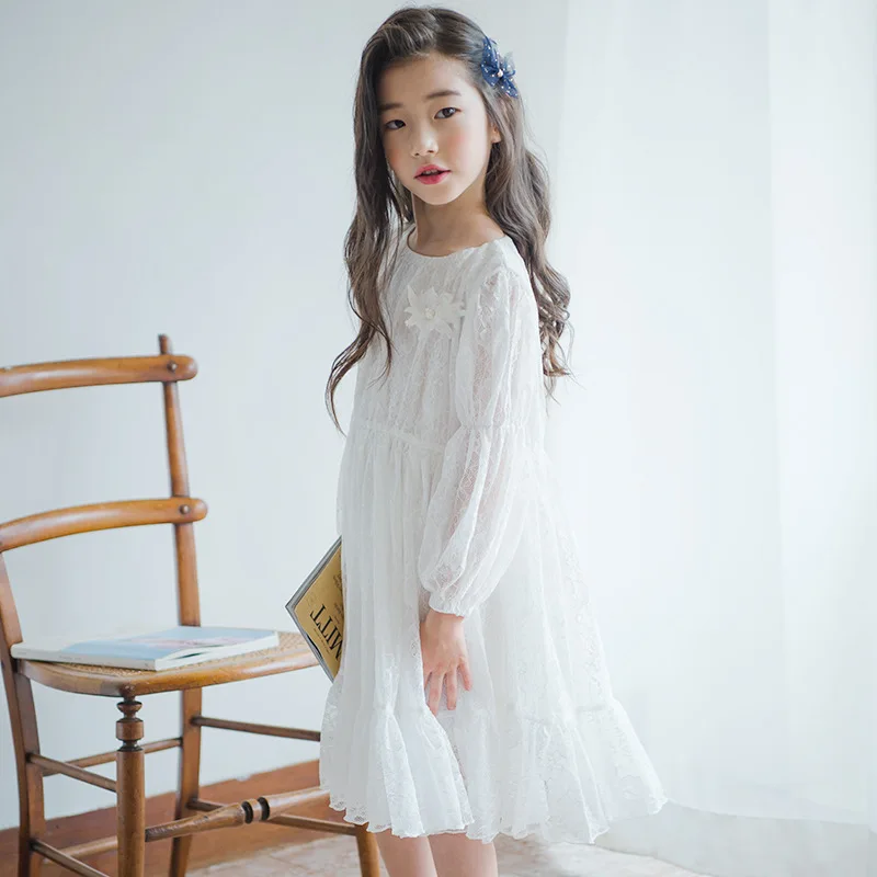 white lace long sleeve dress vintage party frocks age for 6-14 yrs big girls elegant princess costume 2021 spring autumn clothes | Детская