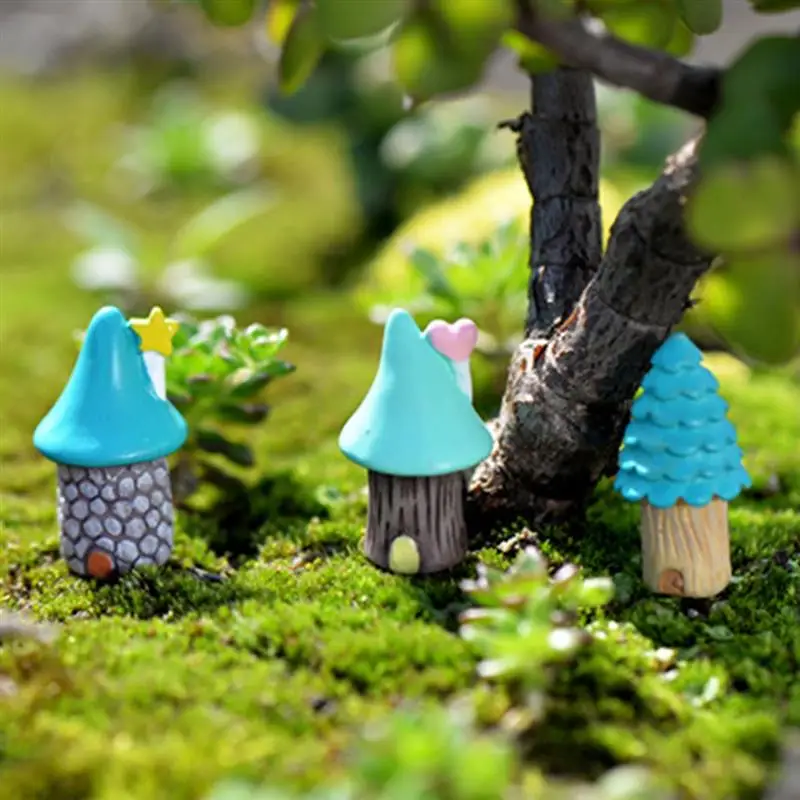 3 шт./компл. Каваи Синий микро дом Смола миниатюрная Статуэтка пейзаж дерево