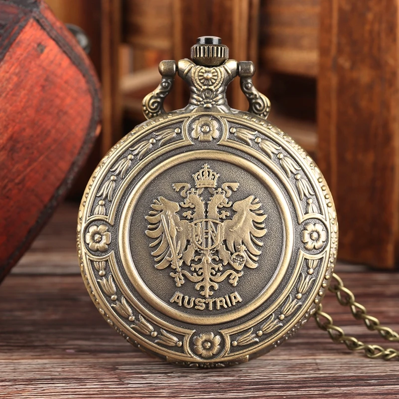 

Retro Austria National Emblem Quartz Pocket Watch Necklace Pendant Chain Watch Gifts Floral rattan Pocket Watch Collectibles