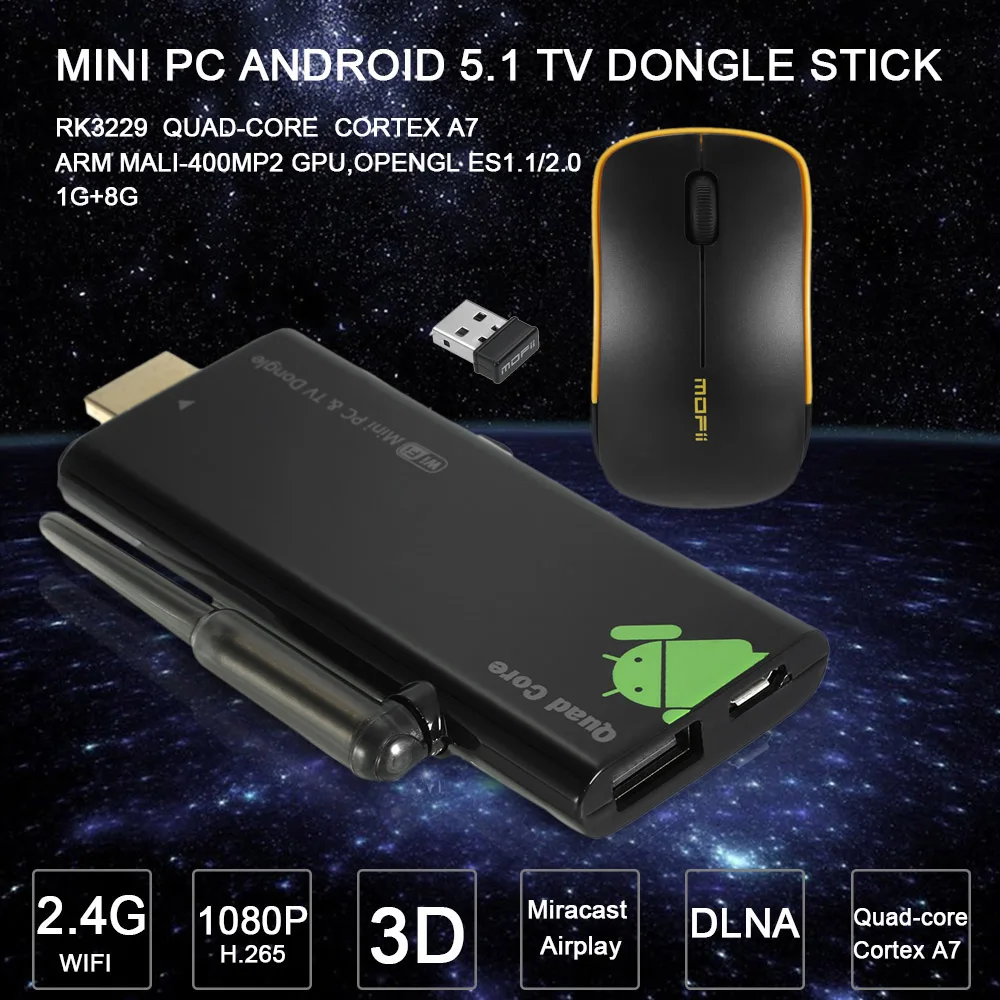 CZ сток Docooler V21 Мини ПК Android 5,1 ТВ Ключ ТВ-карта четырехъядерный RK3229 1 г/8 г Bluetooth Miracast DLNA Airplay WiFi ТВ-карта