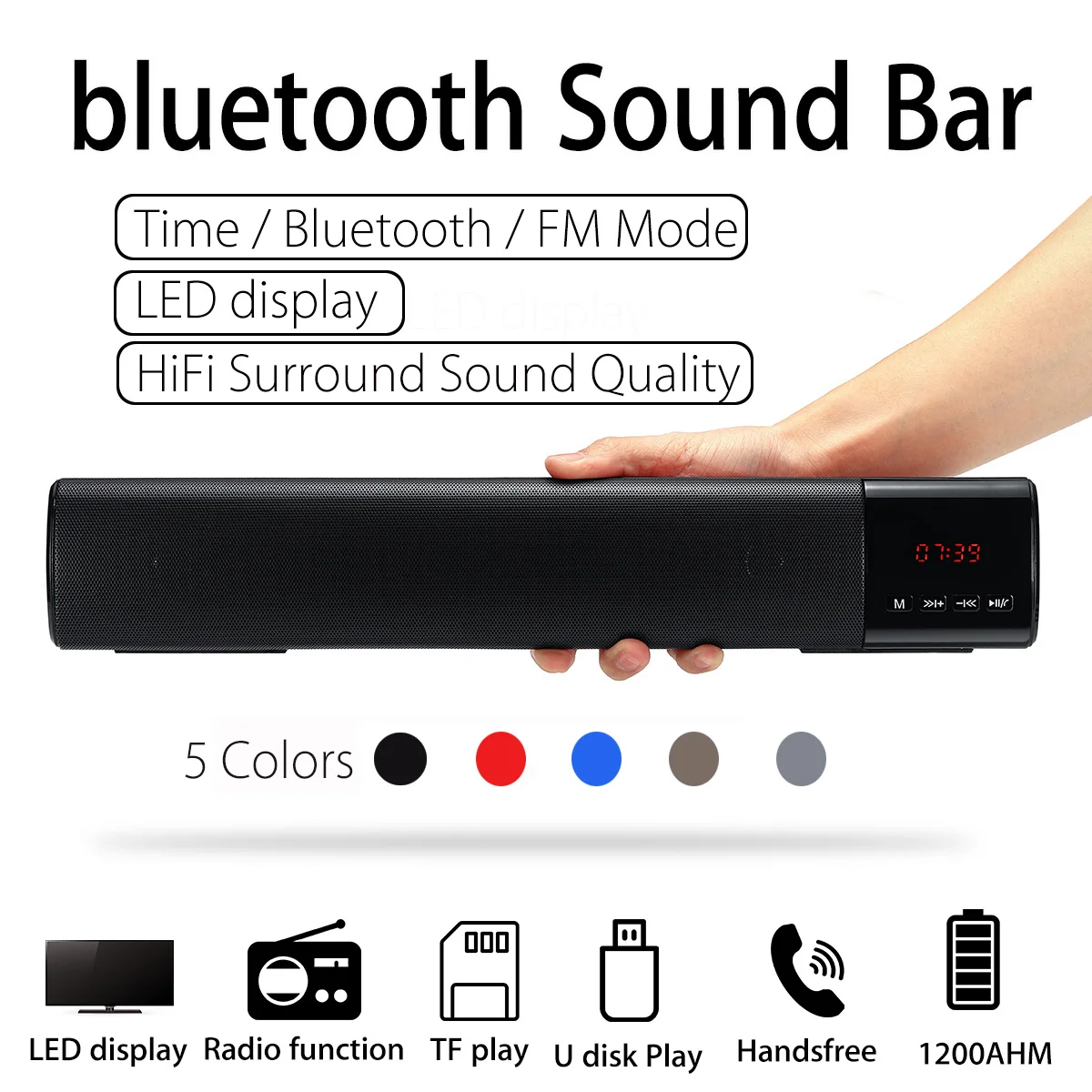 Портативный светодиодный bluetooth динамик звуковая панель 10 Вт TF FM USB беспроводной 3D