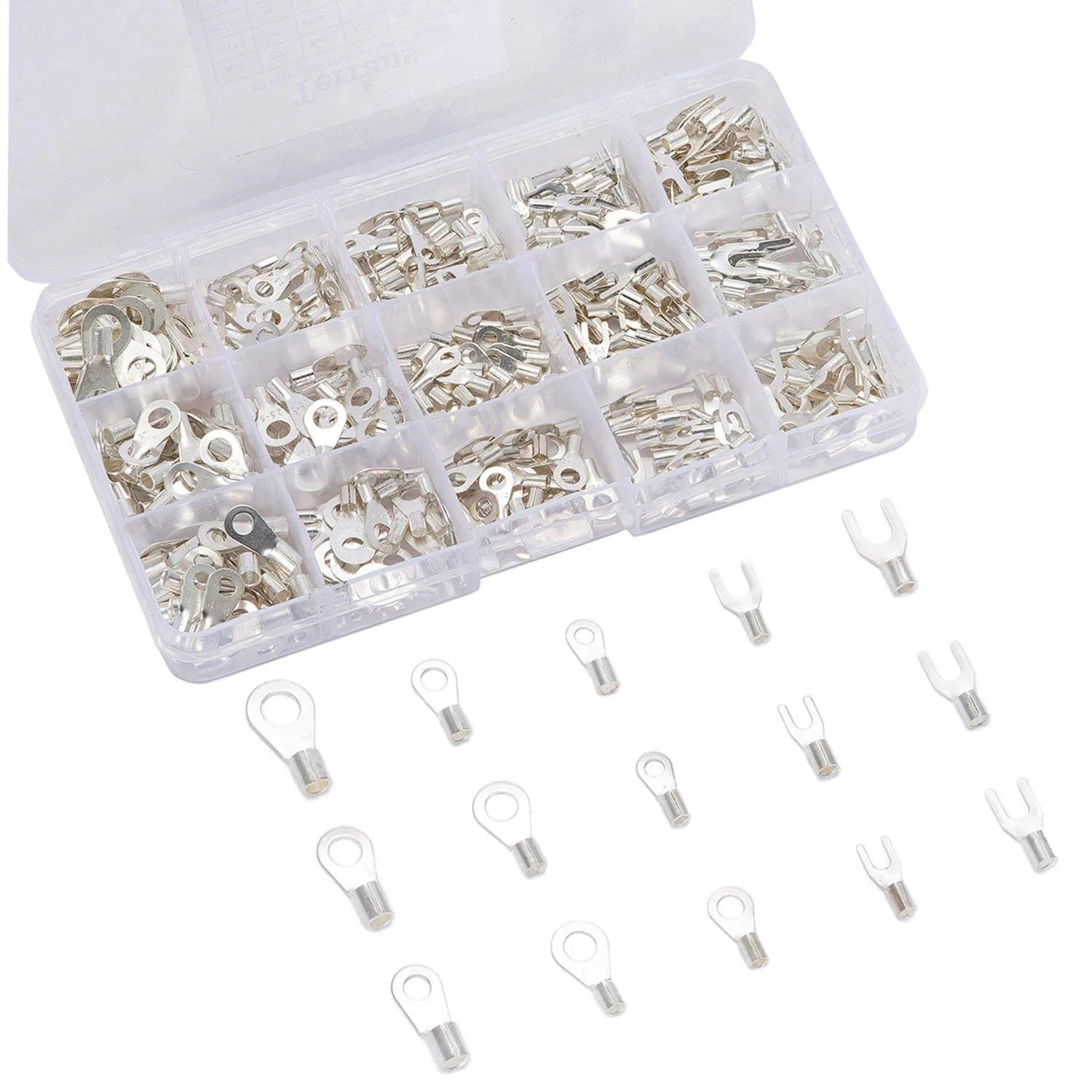 375 Pcs 15 in 1 Non-Insulated Ring Fork U-type Terminals Tin-Plated Copper Assortment Kit Cable Wire Connector Crimp Обустройство