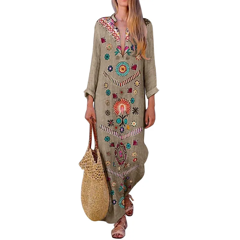 2019 Летнее Длинное платье с цветочным принтом Boho пляжное туника Макси женское