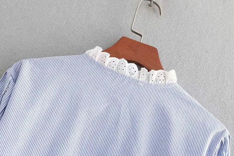 Весна 2019 Женские Рубашки В Полоску Хлопок выдалбливают Вышивка Кружева