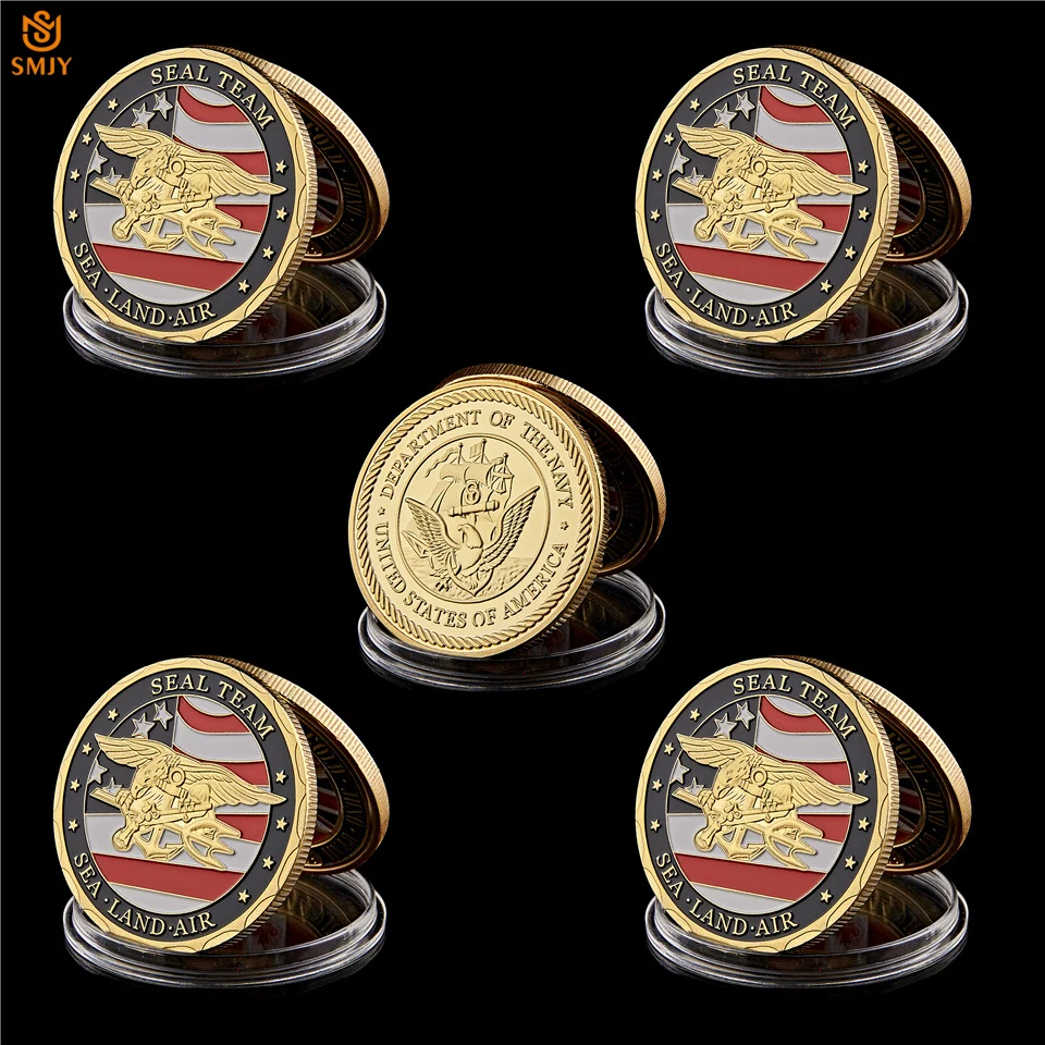 

5PCS USA Sea Land Air Of Seal Team Gold Challenge Coins Department Of The Navy Military Souvenir Coins And Gifts