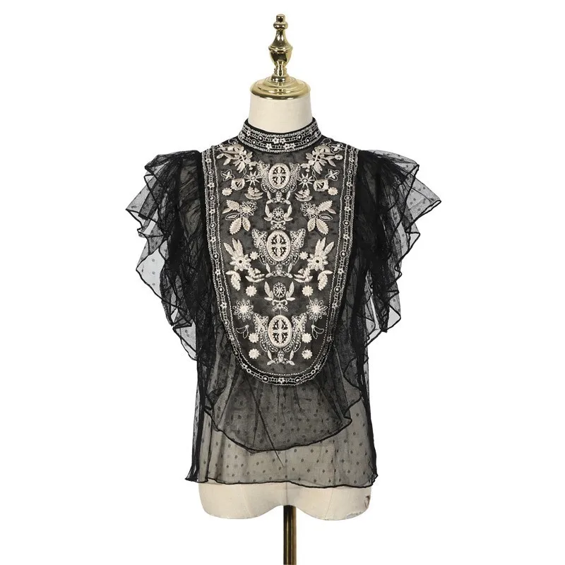 [LIVIVIO] винтажные Прозрачные топы с цветочной вышивкой летняя одежда для женщин рубашка без рукавов с рюшами Женская кружевная блузка в Корейском стиле