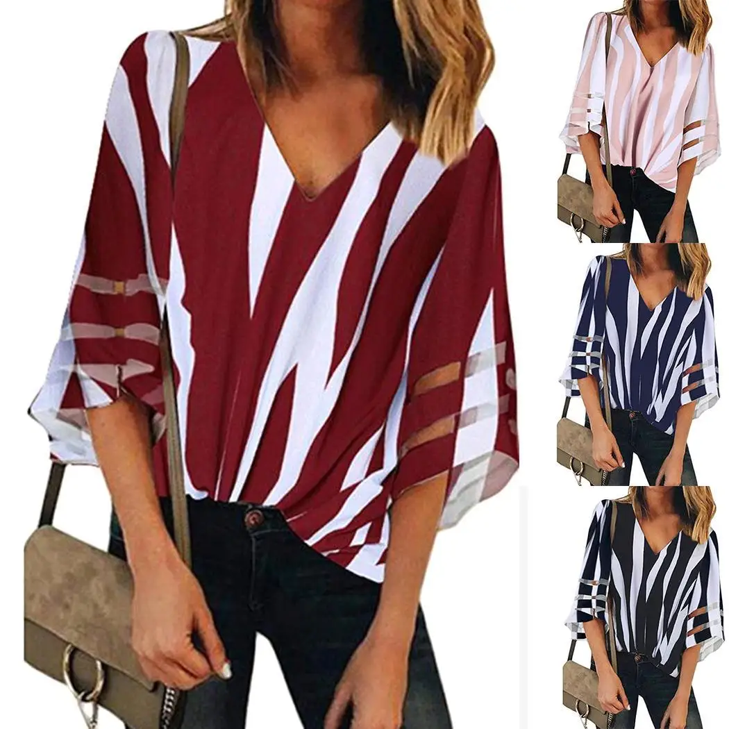 Женская Повседневная с v-образным вырезом короткий рукав полосатый весна лето