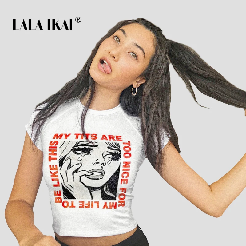 LALA IKAI/Chic High Street Топ Футболка Для женщин Лето мультфильм с принтом букв