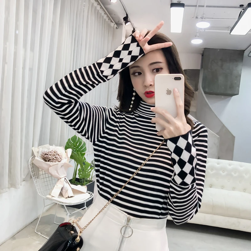 La MaxZa 2018 Autumn Winter New Fashion Black And White Striped Knitted Sweater Bottoming Half High Collar Woman 8177 | Женская одежда