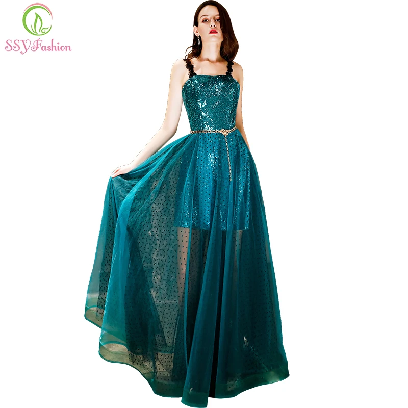 

SSYFashion New Evening Dress Shining Dark Green Sequins Sleeveless Prom Gown Sexy Formal Dresses Robe De Soiree Reflective Dress