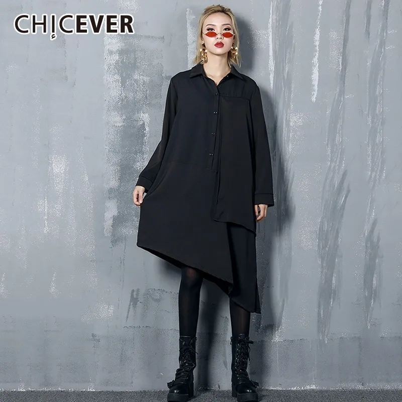 CHICEVER/2019 весенне летнее женское платье с отворотами и длинными рукавами свободные