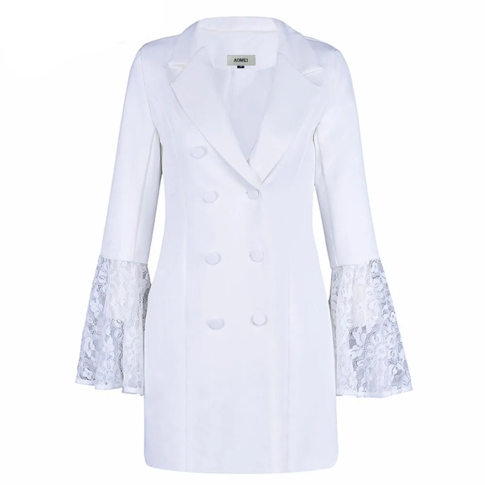 

SWYIVY Women Jackets Lapel Double-breasted Trumpet Sleeves Long Suit Jacket Coat 2019 Female OL Wear Lace Sleeve Outwear Jacket