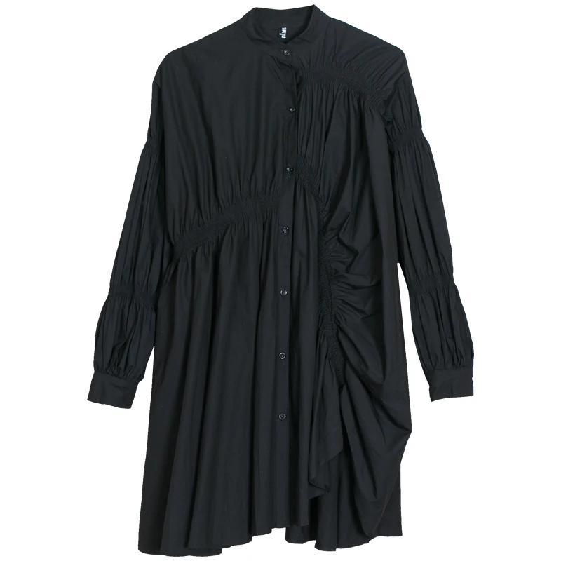 DEAT 2020 new spring fashion women clothing turn-down collar lantern sleeves single breasted asymmetrical cotton dress WD92400 | Женская