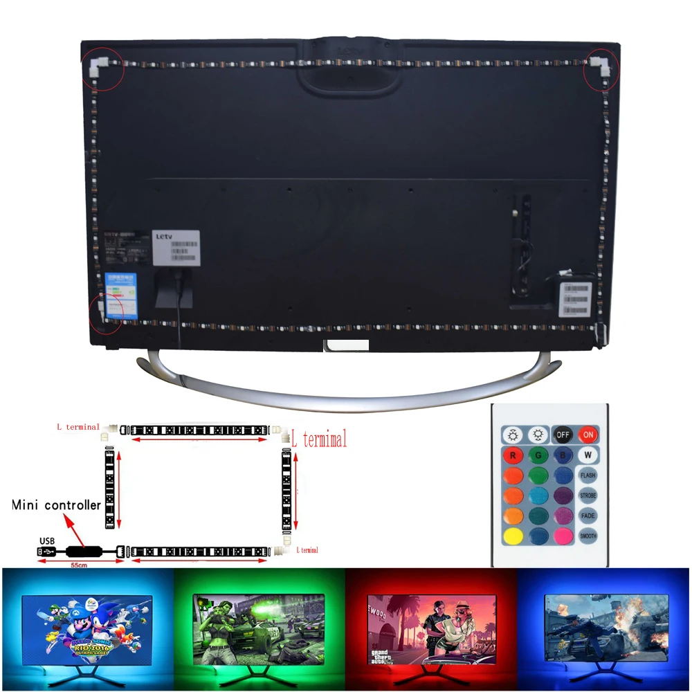Led Strip RGB 5050SMD 5V 1M/2M 16 Color Change With USB 24KEY IR Controller For TV Background Lighting Nowaterproof | Лампы и