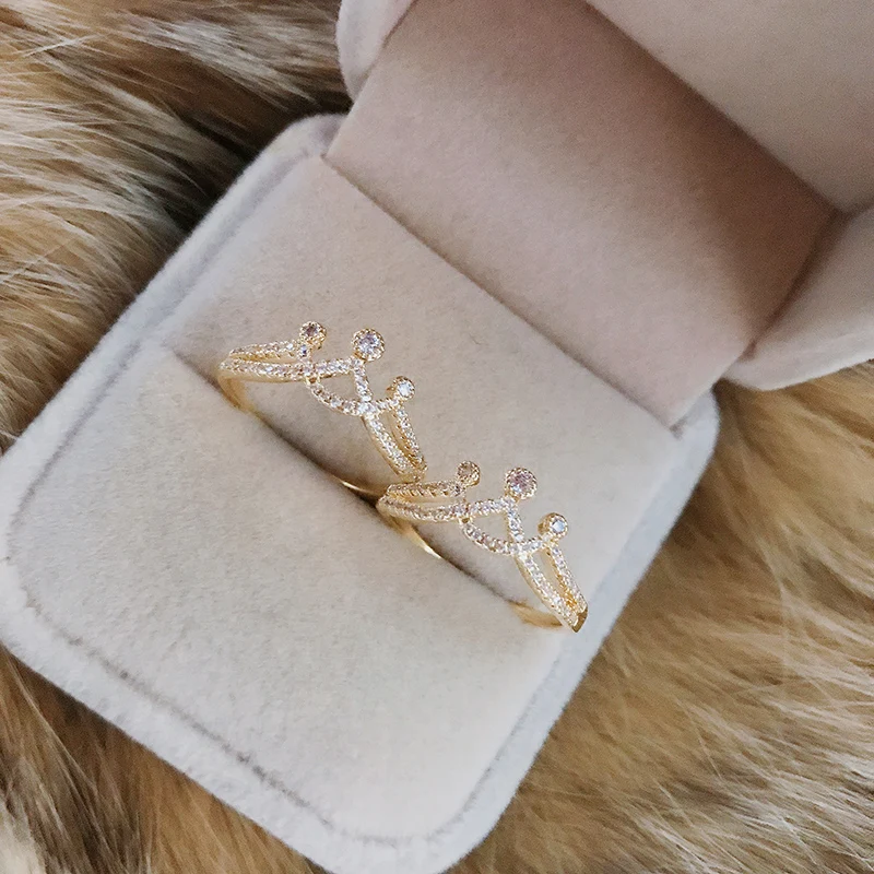 Fashion Classic Hollowing Gold Color Crown Shape CZ stone pave setting Ring Cute Sweet Girl Women Lady Beautiful Jewelry | Украшения и