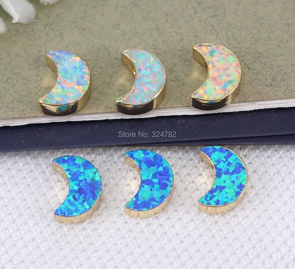 5pcs Gold Metal Blue White Opal Crescent Shape Connectors beads Opals Horn Pendant Moon Bead For Making Jewelry | Украшения и