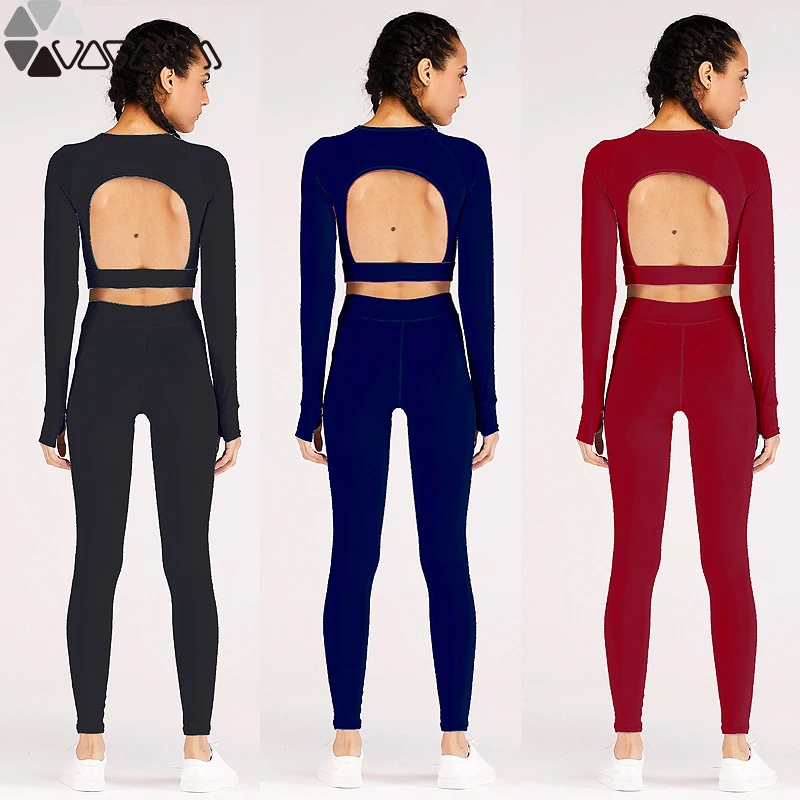 Женский спортивный костюм с длинным рукавом из 2 предметов открытой спиной и