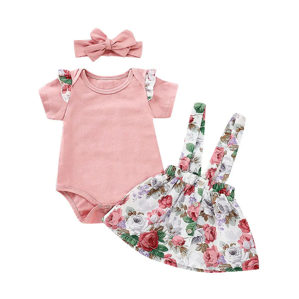 

Newborn Baby Girl Clothes Set Toddler Kid Princess Outfit Bodysuit+Floral Suspender Skirt+Headband 3pcs Summer Infant Clothing