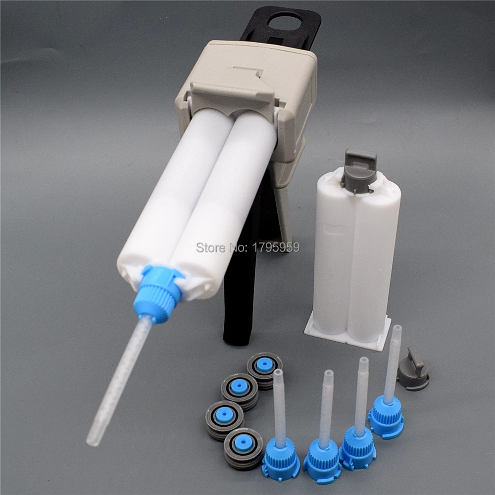 

AB Glue Manual Caulking Gun Dispenser 50ml Two Component 1:1 Glue Gun with 1:1 Mixing Nozzle 50ml Empty Dual-Barrel Cartridge