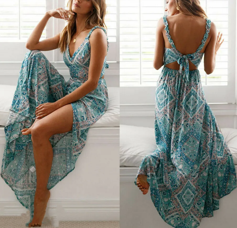 2019 для женщин Boho Бандажное платье длинное с v образным вырезом сексуальные майки