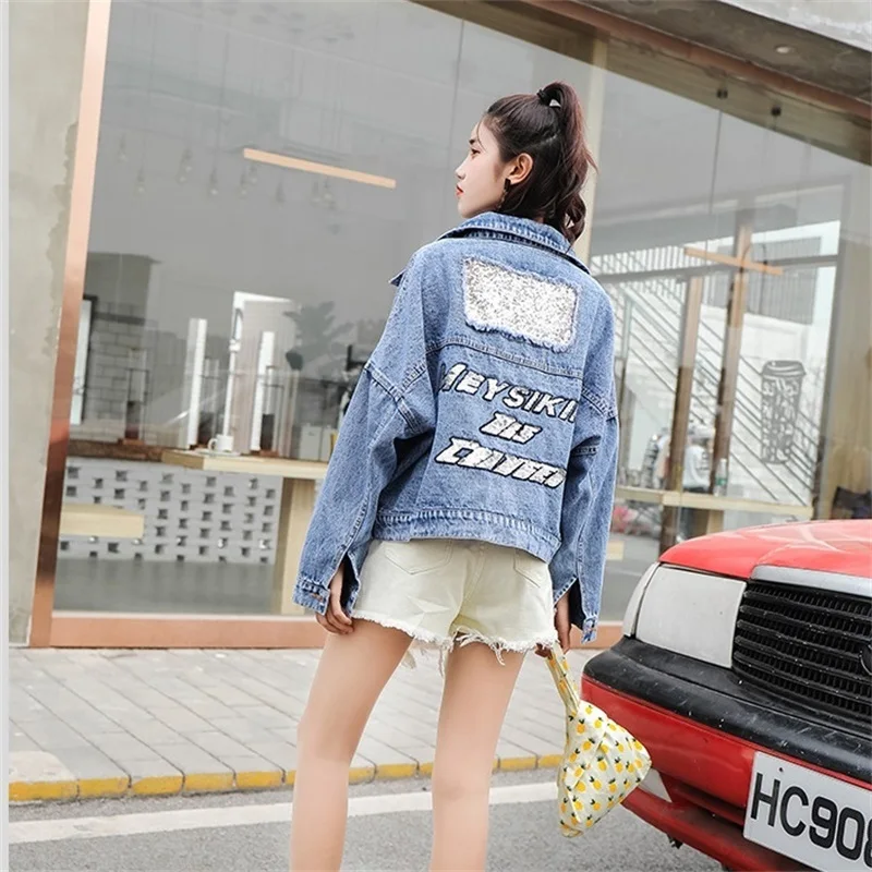 Пальто Harajuku Женская куртка бомбер джинсовые тонкие пальто свободные с блестками