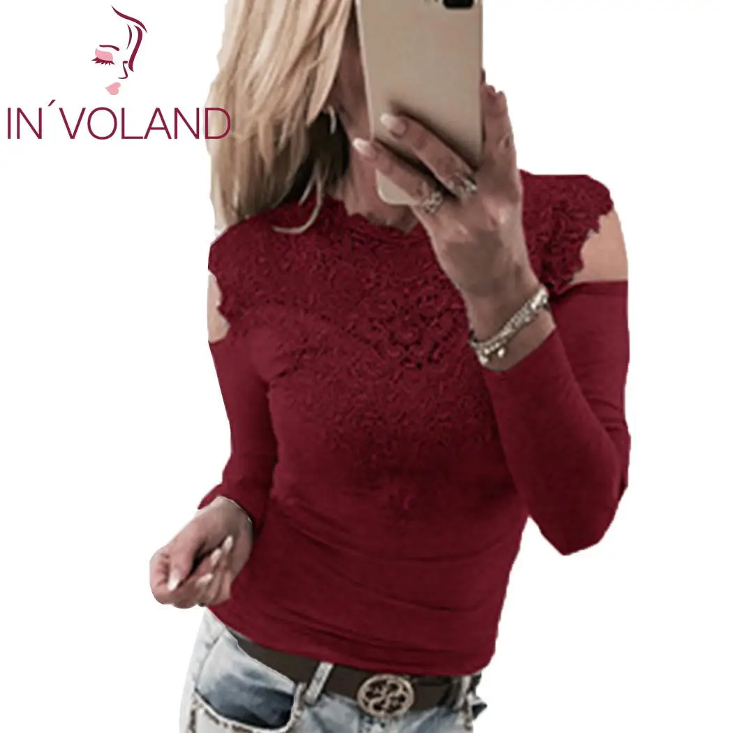 Женская модная футболка с кружевом открытыми плечами длинным рукавом|Футболки| |