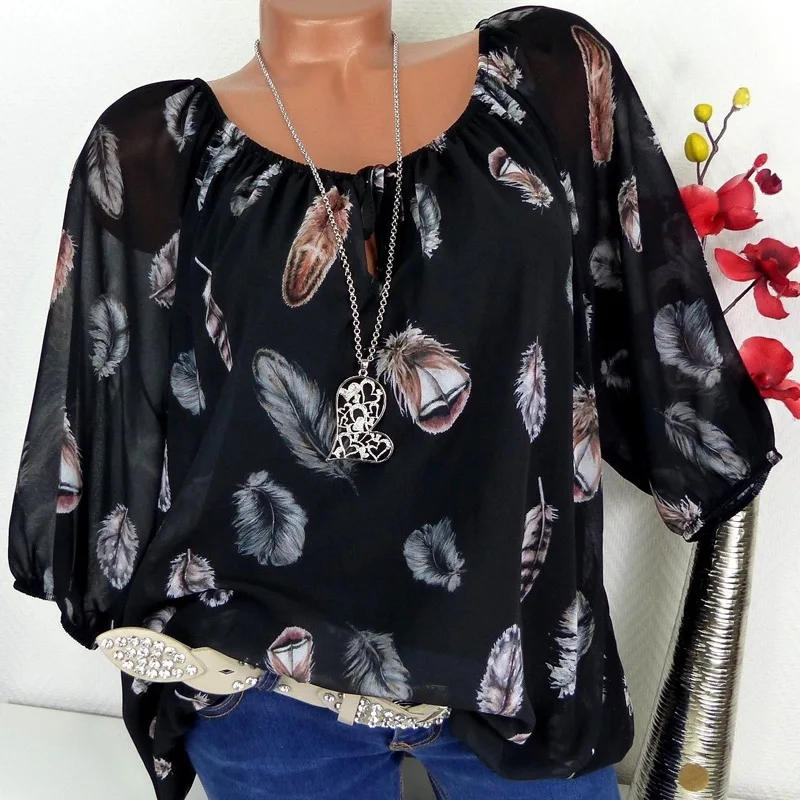 

Feather Printing V Neck Bandage Shirt Half Sleeve Chiffon Summer Breathable Cheap-Clothes-China Camisas Femininas Ey*