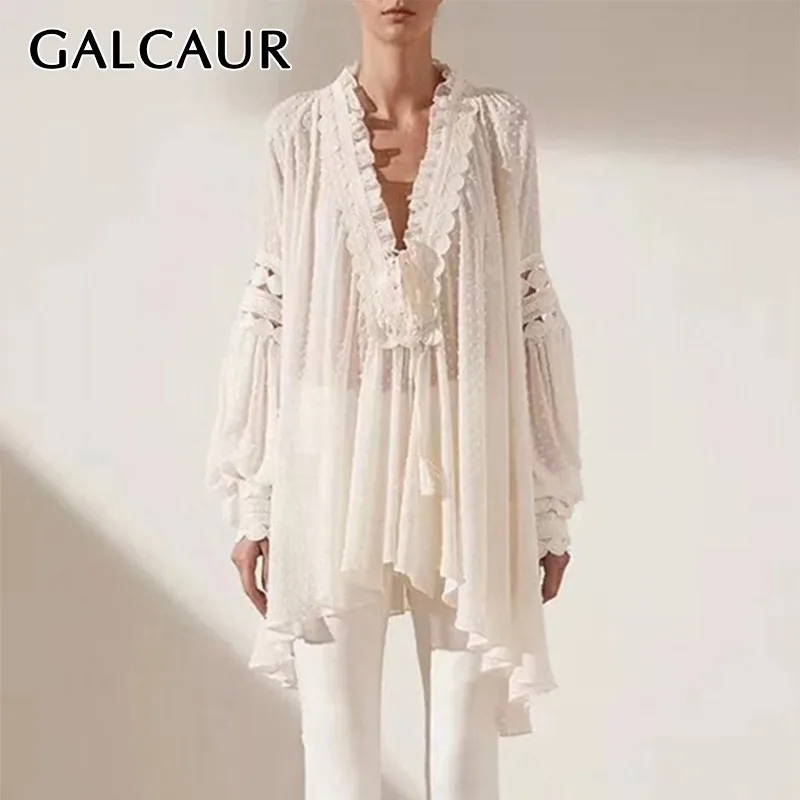 Женская блузка GALCAUR с рукавом фонариком и треугольным вырезом летняя 2020|Блузки| |