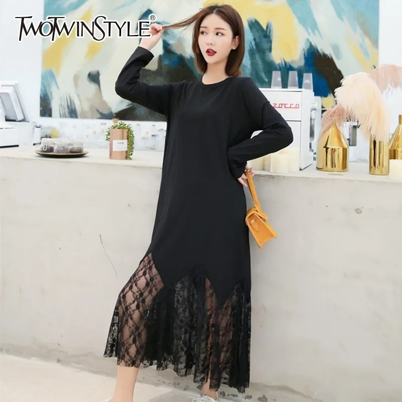 TWOTWINSTYLE платье с открытой спиной для женщин лоскутное кружево длинным рукавом