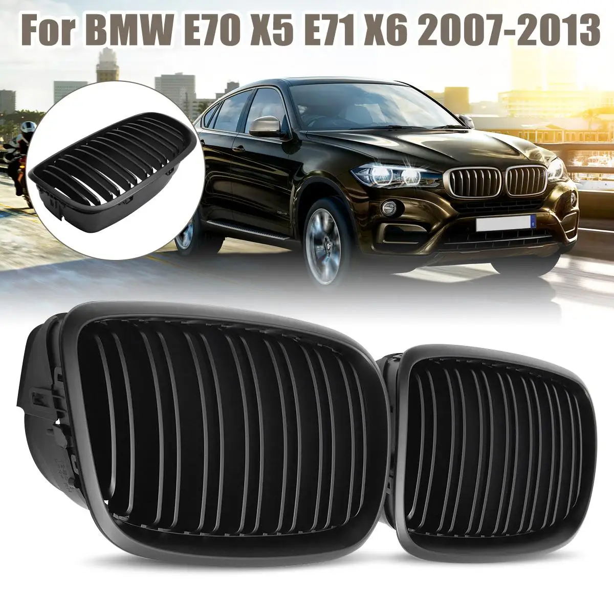 

Matt Black Dual Line Pair Front Bumper Hood Kidney Sport Grills Grille for BMW E70 E71 X5 X6 2007-2013