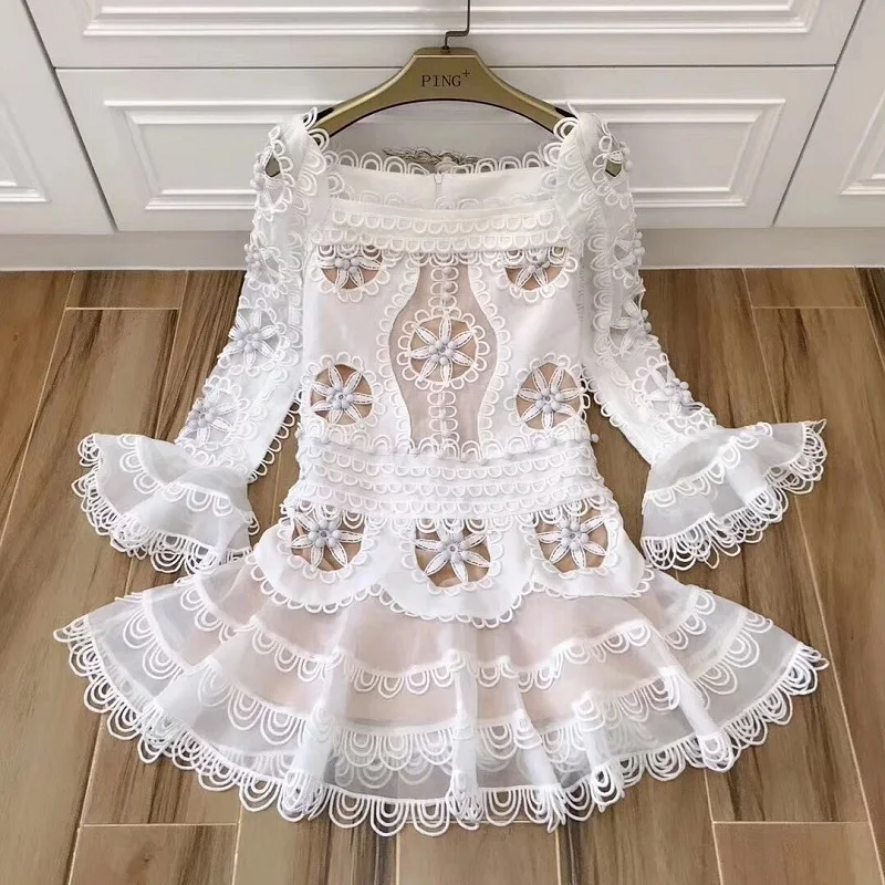 2019 Spring Designer Dress Women's Long Sleeve Flower Square Collar Cute Princess Appliques Embroidery Cutout Clothes | Женская