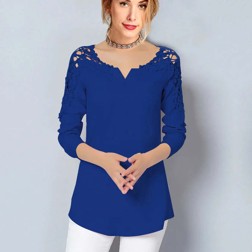 DAYIFUN Womens Tops and Blouses 2020 Patchwork Lace Chiffon Blouse Women Hollow Out Long Sleeve Shirt Ladies 7254 | Женская одежда