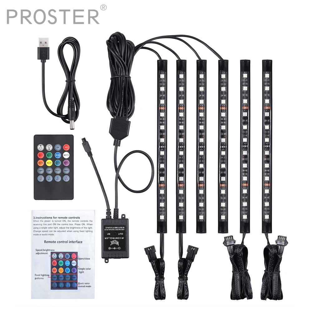 PROSTER 6 шт. интерьер автомобиля RGB Цвет USB светодиодные полосы света атмосферная