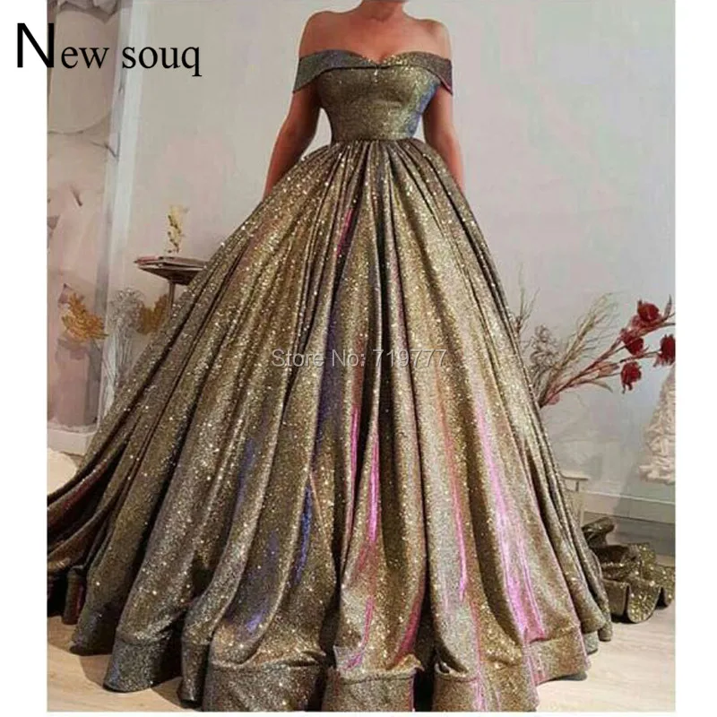 Off Shoulder Evening Dresses Reflective Dress 2019 New Arrival Puffy Arabic Long Prom Dress Vestidos Middle East Women Dubai