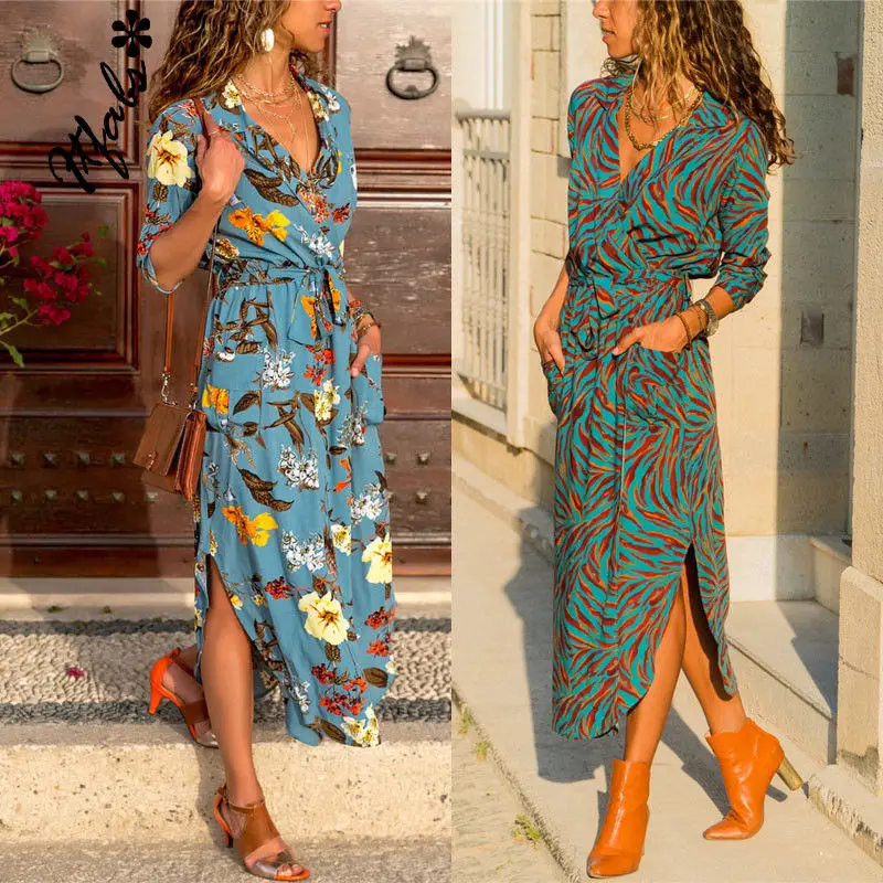 Autumn New Women Wrap V Neck Long Sleeve Shirts A-Line Dresses Casual Waist Bandage Swing Dress Fashion Streetwear Plus Size | Женская