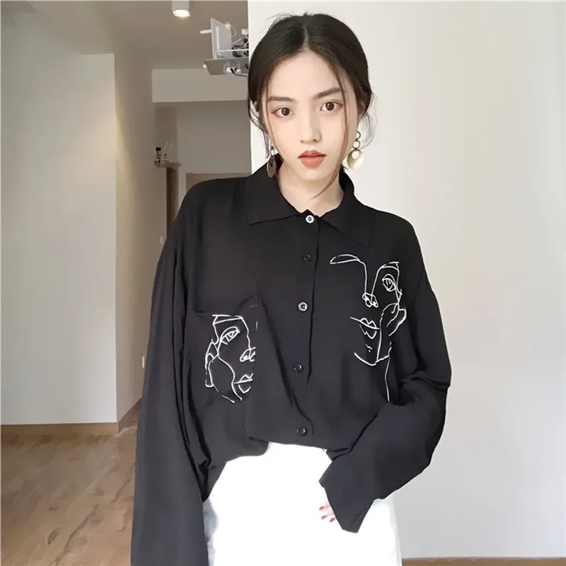 Рубашка с принтом лица отложным воротником длинным рукавом женские длинные