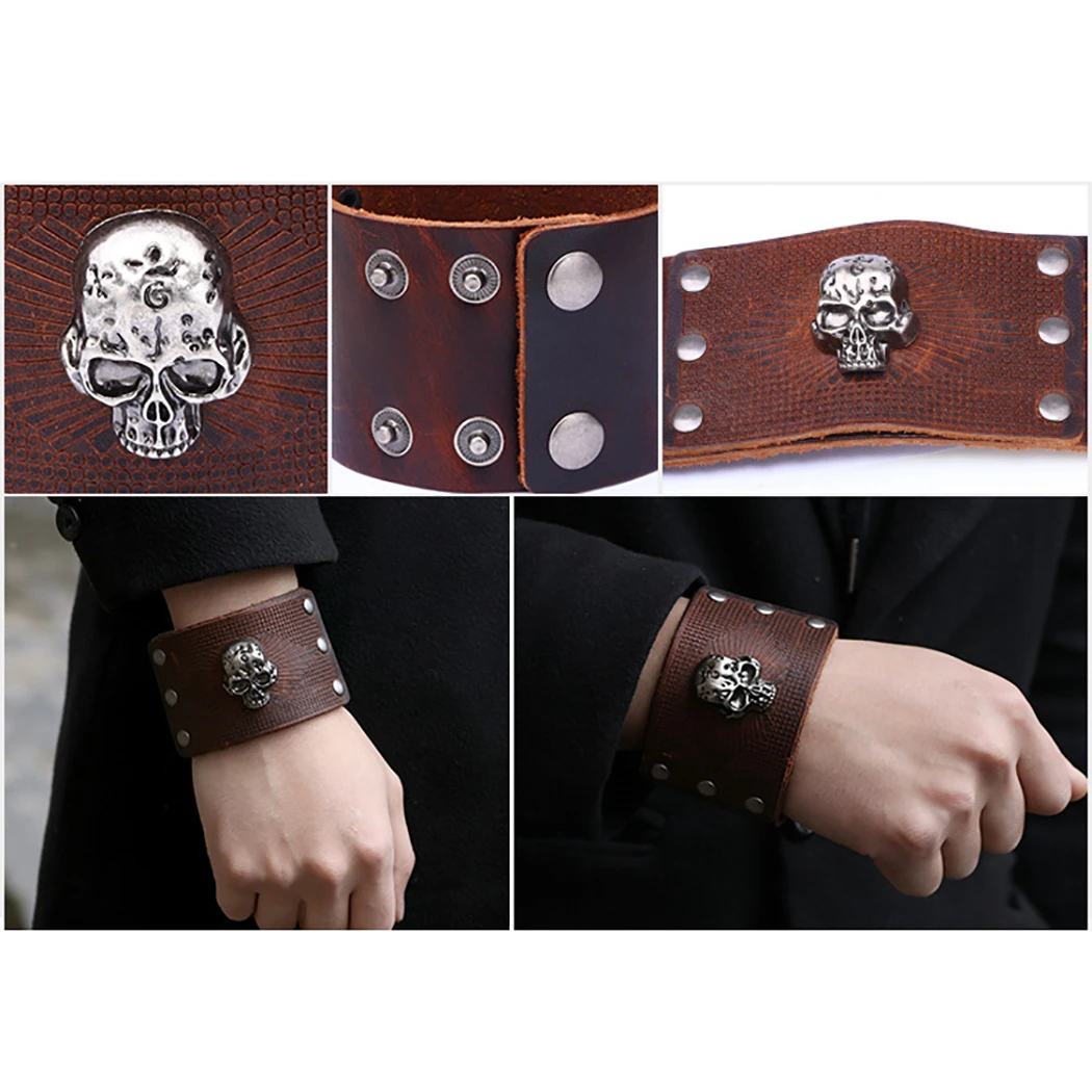 2019 Fashion Punk Skull Bracelets For Men Charmn PU Leather Wrap &amp Bangles Male Gothic Jewelry Gift | Украшения и аксессуары