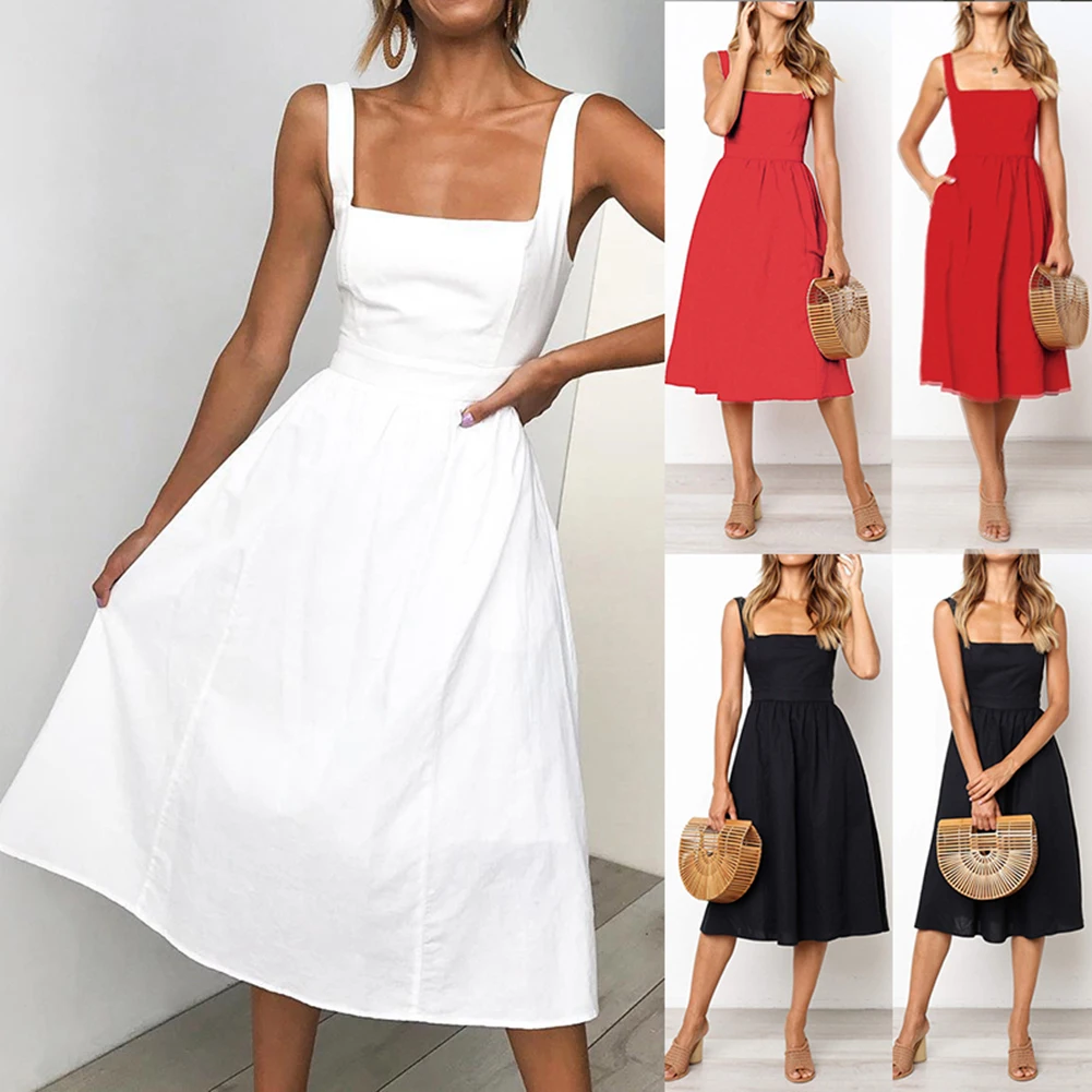 2019 Новое модное женское Повседневное платье однотонное свободное летнее до