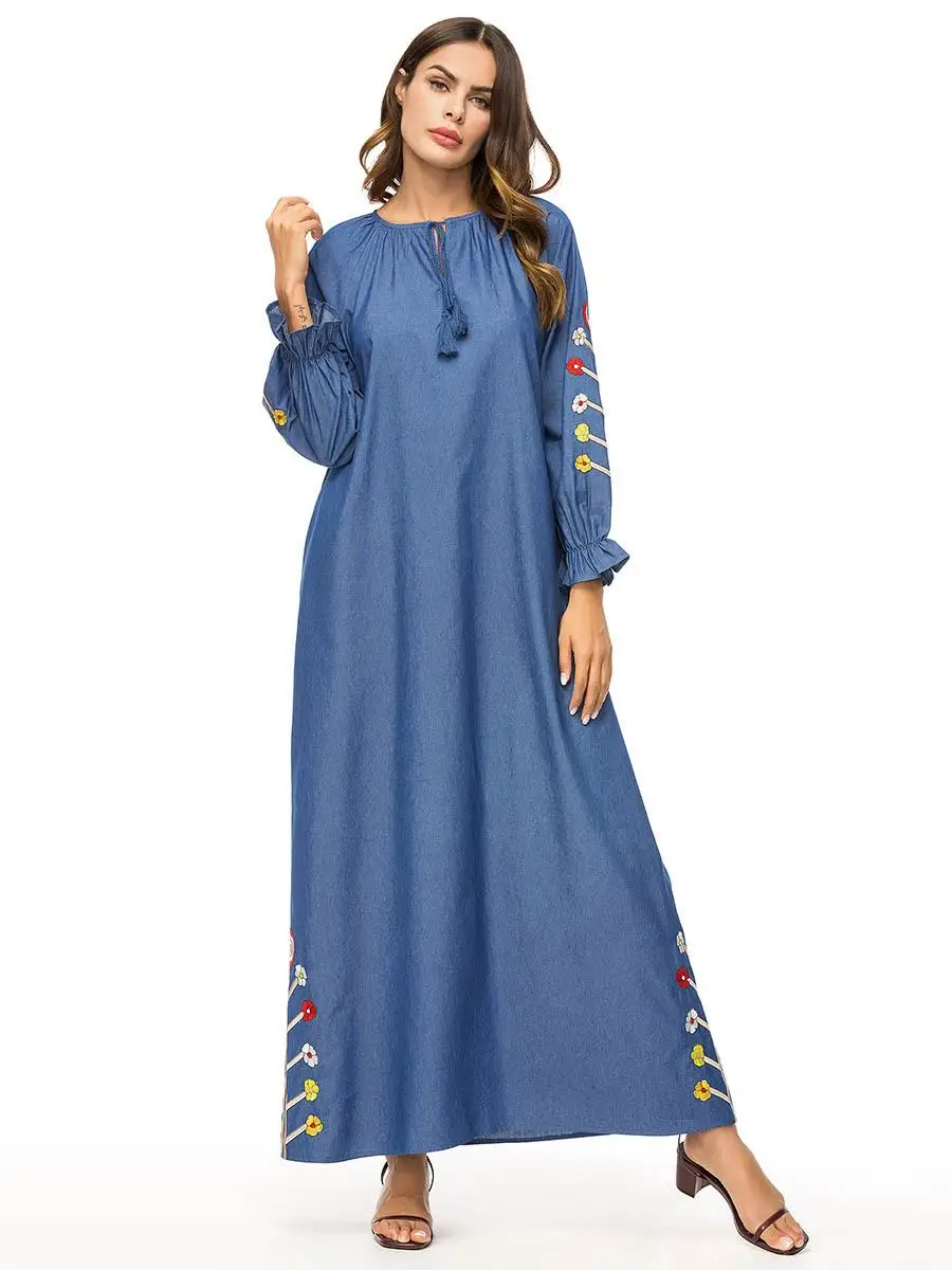 Женские мусульманские длинные платья джинсовые свободные Абая вышивка jilbaw