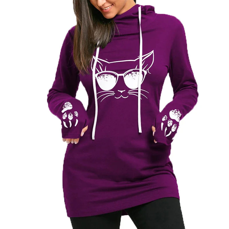 S-5xl Oversize Cat Printed Hoodies Sweatshirts Female Casual Long Sleeve Mid Hoody Fashion Pullover Sweatshirt Women Ladies | Женская