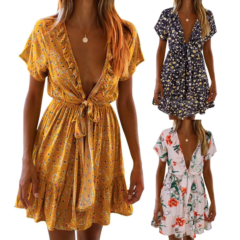 Женское короткое платье с запахом элегантное вечернее вечерние цветочным