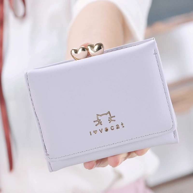 Женский короткий тонкий кошелек с милой кошкой и курицей маленький для студентов