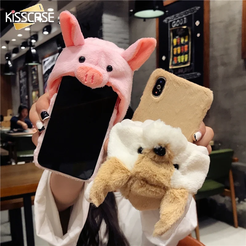 KISSCASE милый чехол с животными для iPhone 6 6S 7 8 Plus X кроличьим мехом Чехлы девочек